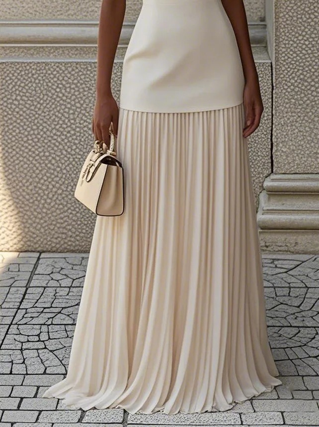 White Pleated Classic Boat Neck Sleeveless A-Line Maxi Dress