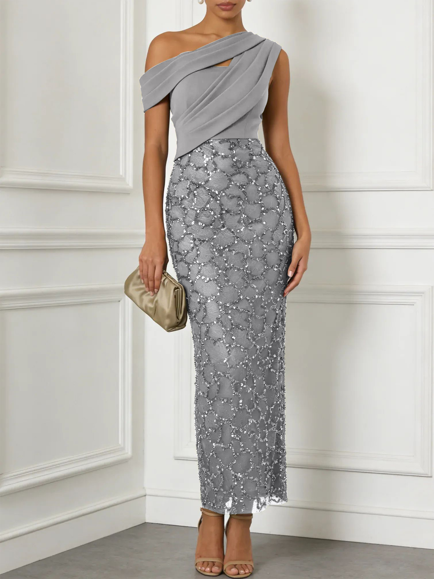 Army Green Glitter Sequin Asymmetrical Sleeveless Sheath Maxi Dress