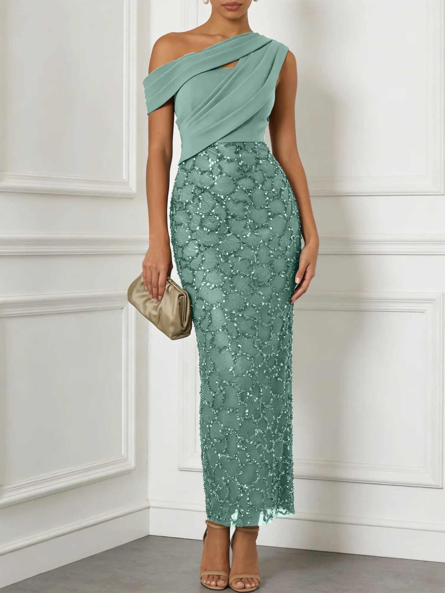 Army Green Glitter Sequin Asymmetrical Sleeveless Sheath Maxi Dress