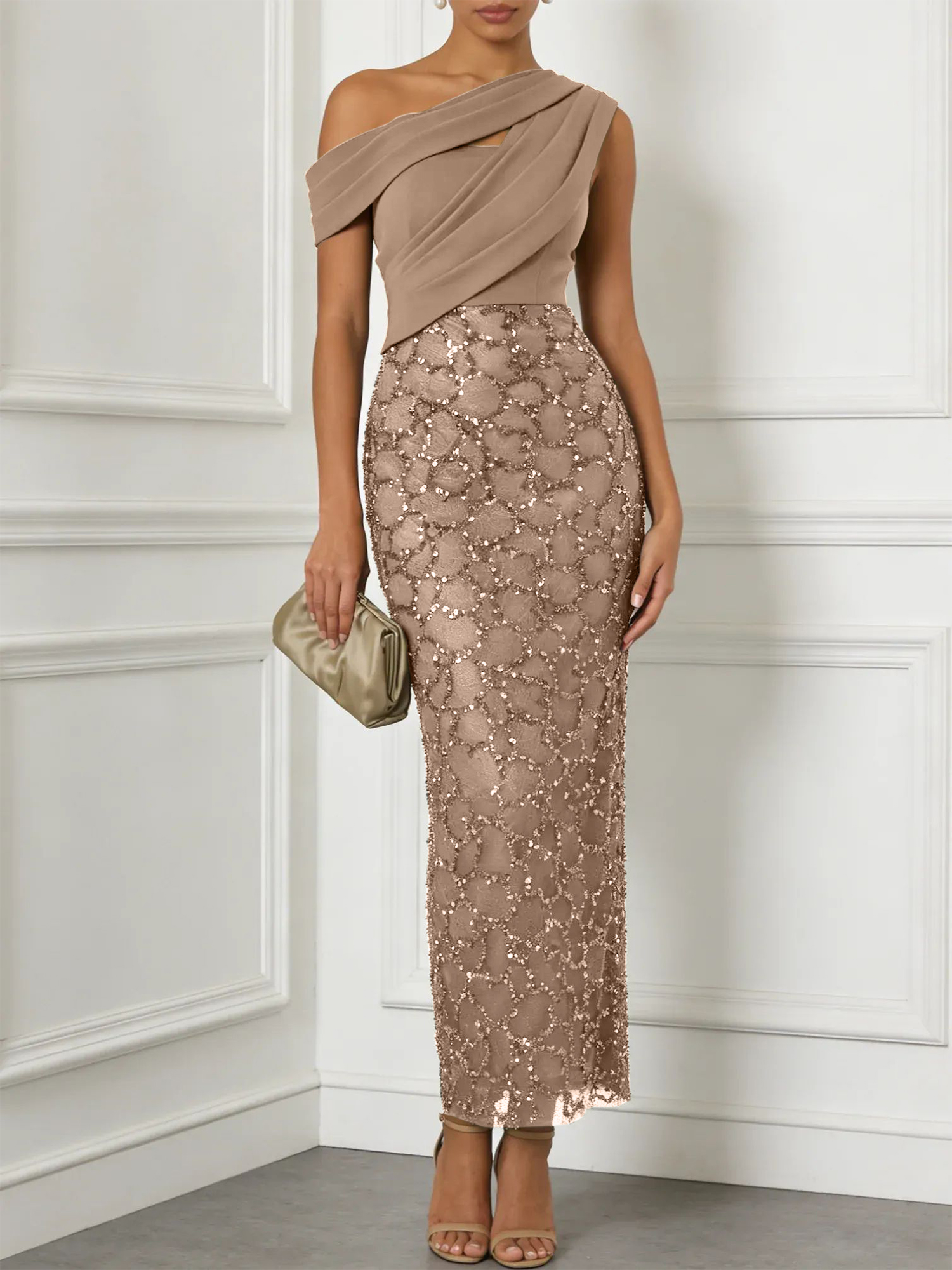 Army Green Glitter Sequin Asymmetrical Sleeveless Sheath Maxi Dress