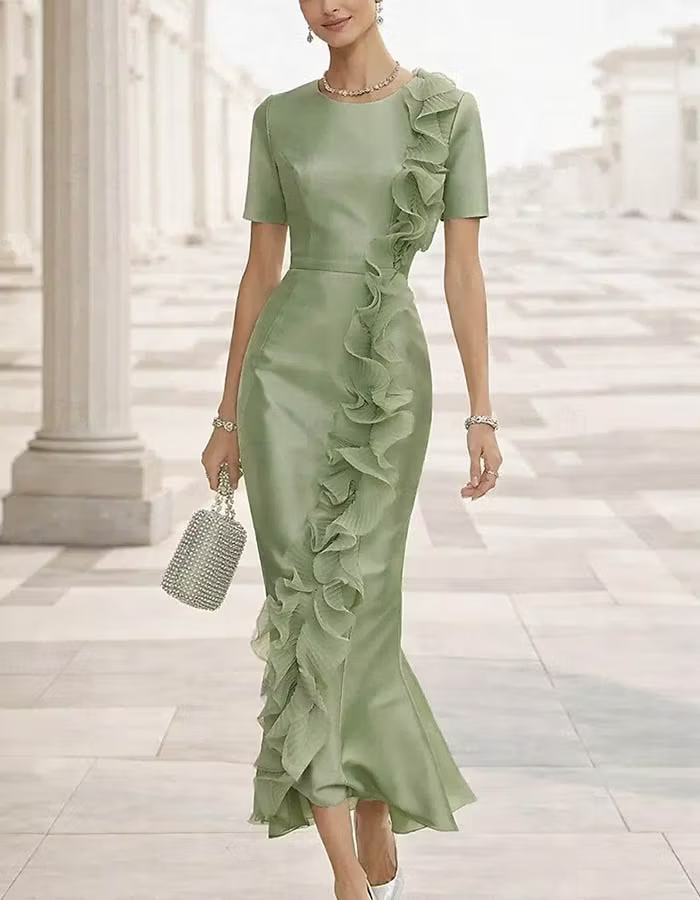 Round Neck Satin Side Ruffle Midi Dress