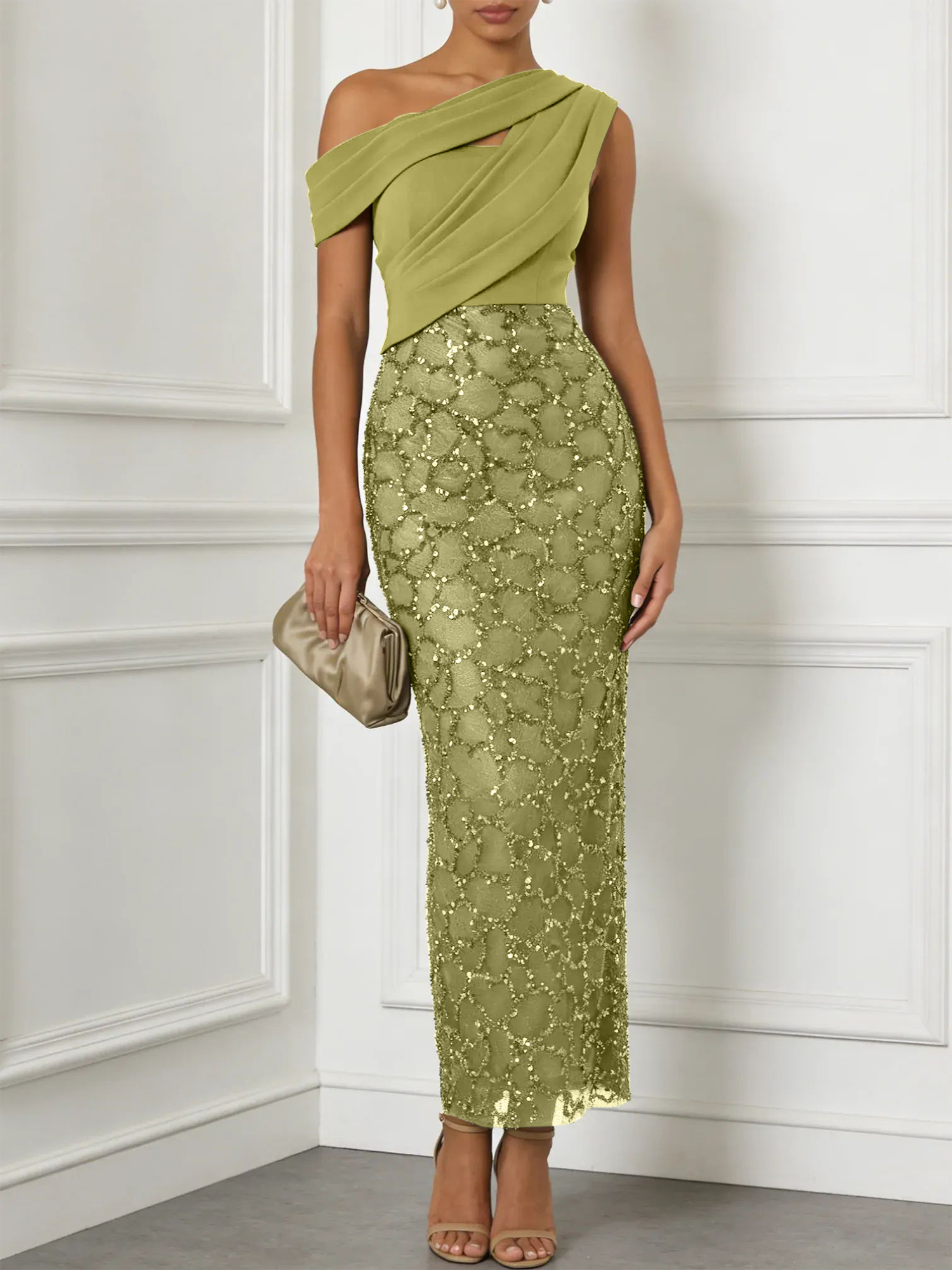 Army Green Glitter Sequin Asymmetrical Sleeveless Sheath Maxi Dress