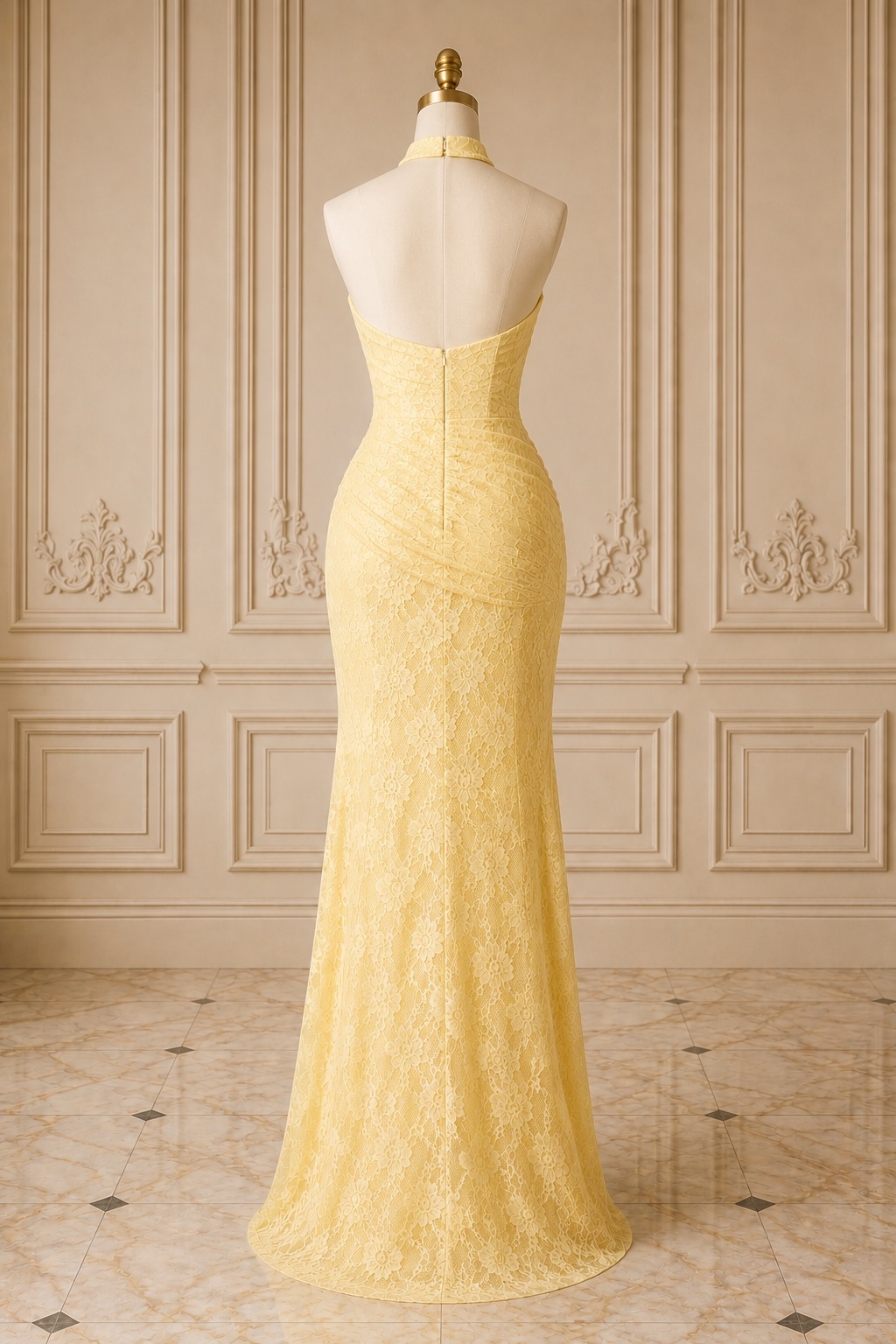 Yellow Lace Halter Mermaid Evening Dress With High Slit