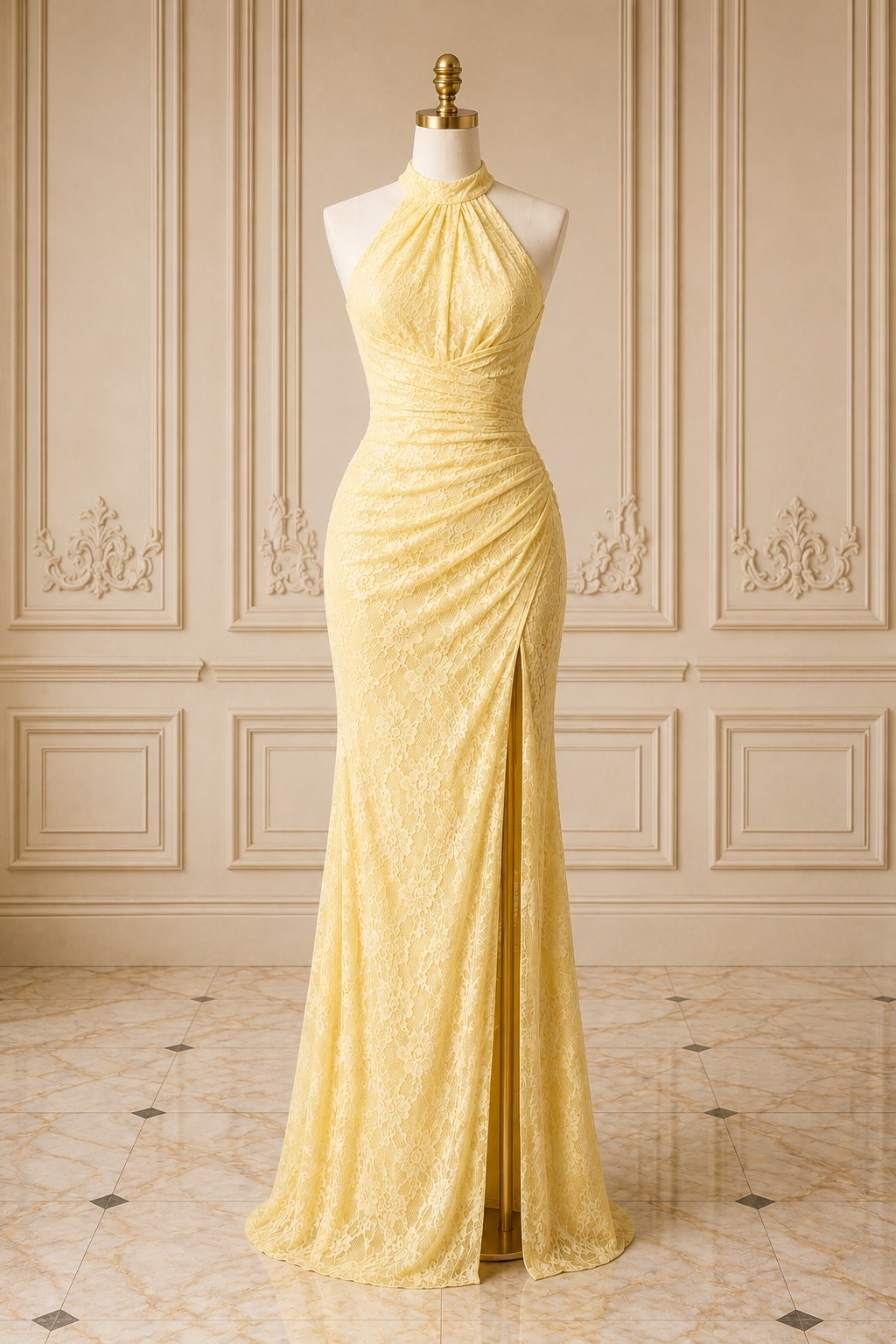 Yellow Lace Halter Mermaid Evening Dress With High Slit