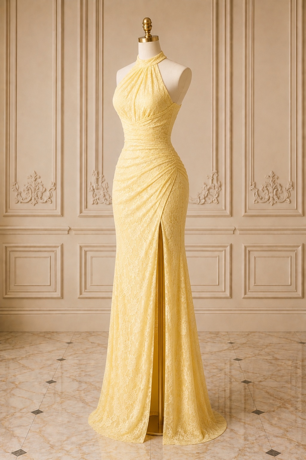 Yellow Lace Halter Mermaid Evening Dress With High Slit