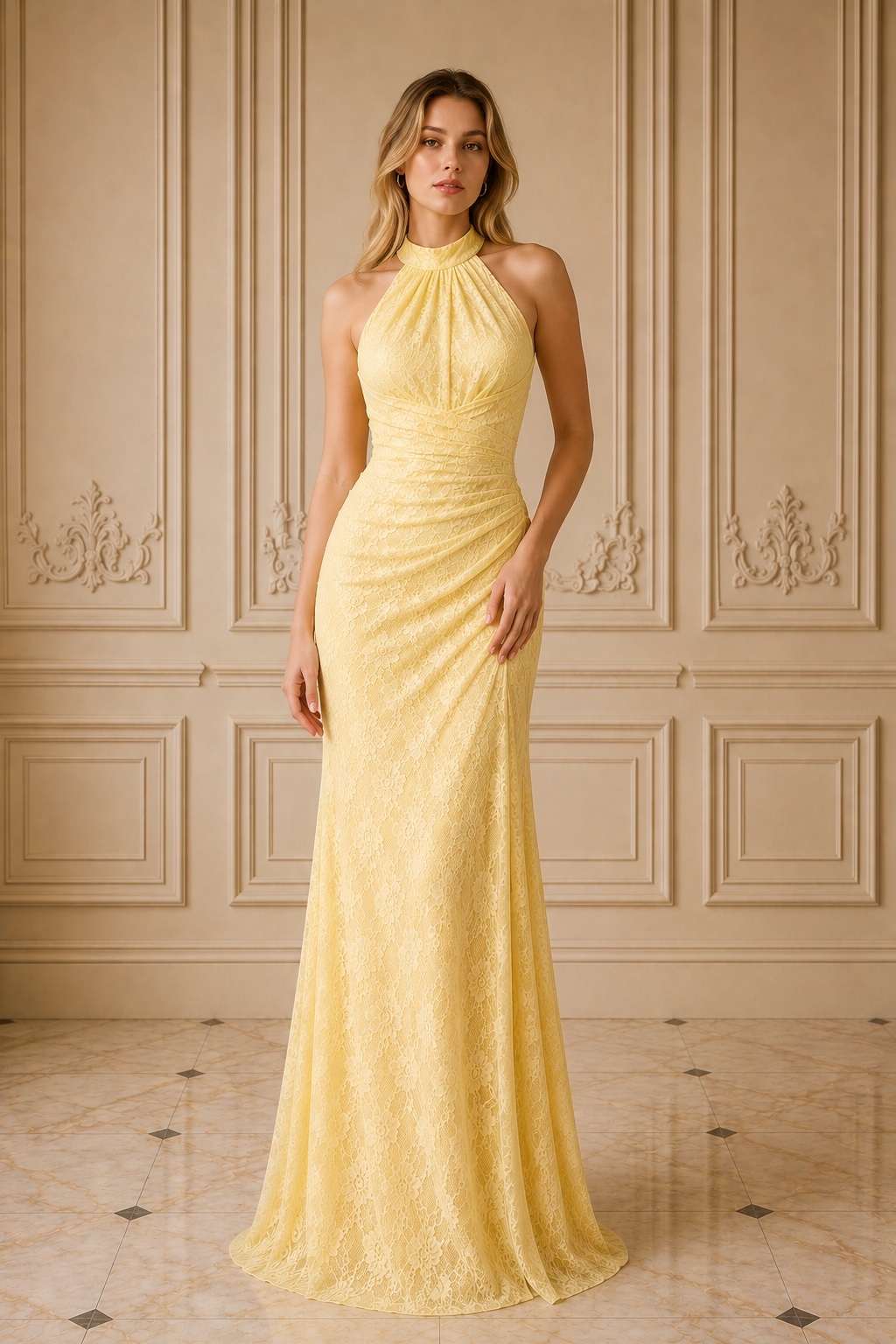Yellow Lace Halter Mermaid Evening Dress With High Slit