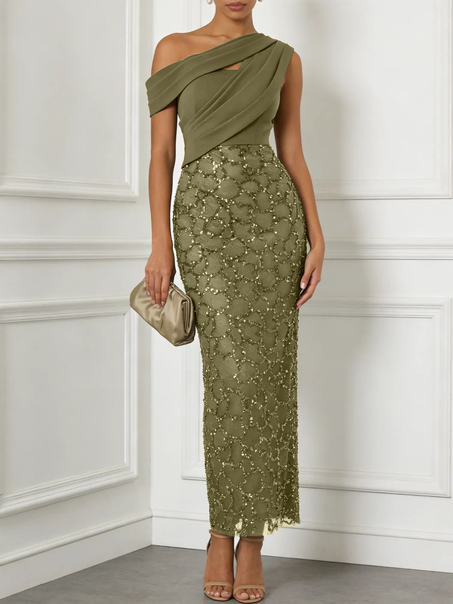Army Green Glitter Sequin Asymmetrical Sleeveless Sheath Maxi Dress