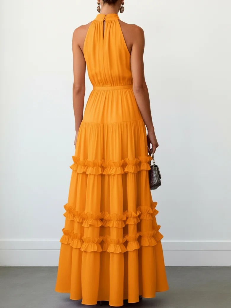 Orange Ruffled Chiffon Halter Sleeveless A-Line Maxi Dress