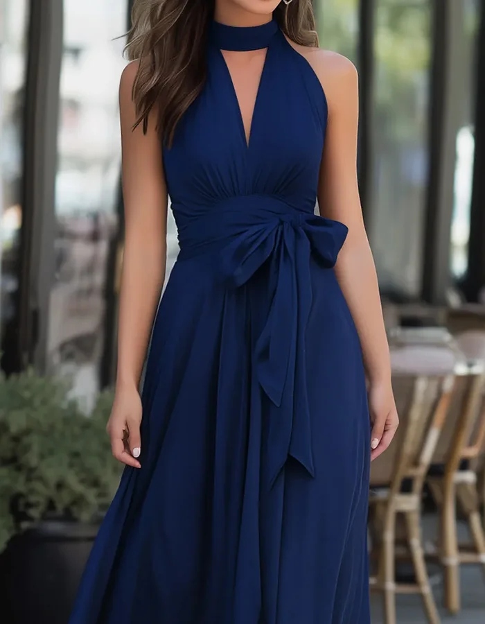 Navy Blue A-Line Chiffon Halter Neck Maxi Dress