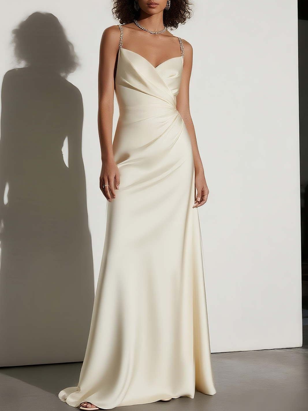 Beige Draped Satin Slip Wedding Dress with Embellished Straps and Sweetheart Neckline