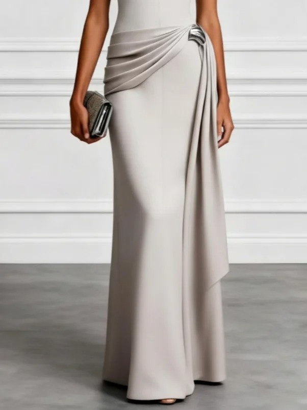 Gray Ruched Split Joint Satin Mock Neck Sleeveless Mermaid Gown Dress