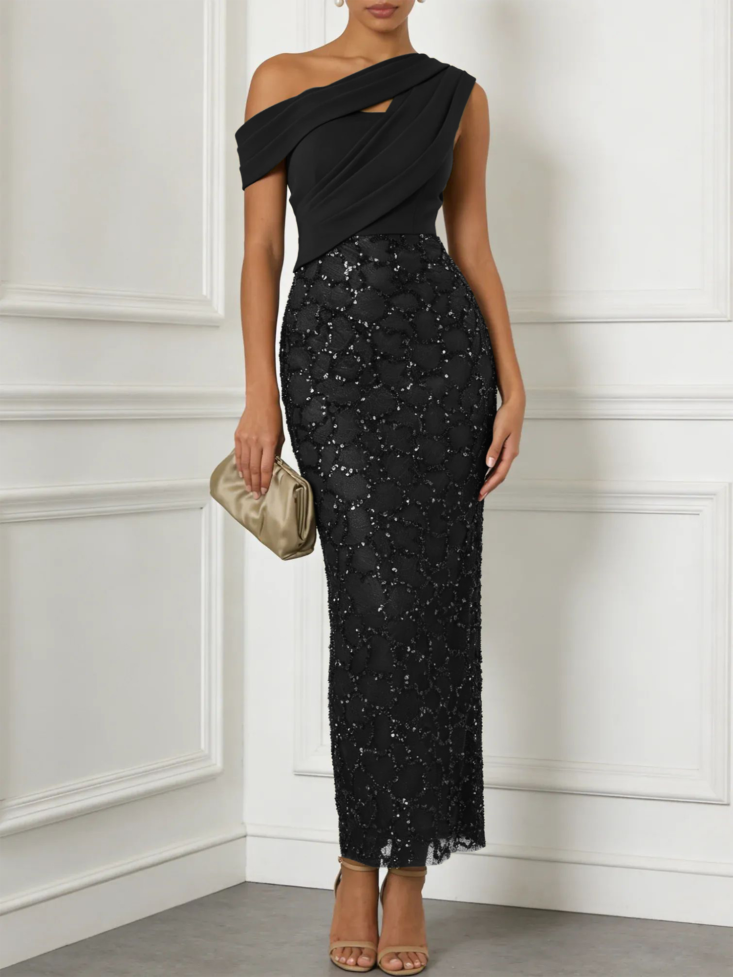 Army Green Glitter Sequin Asymmetrical Sleeveless Sheath Maxi Dress