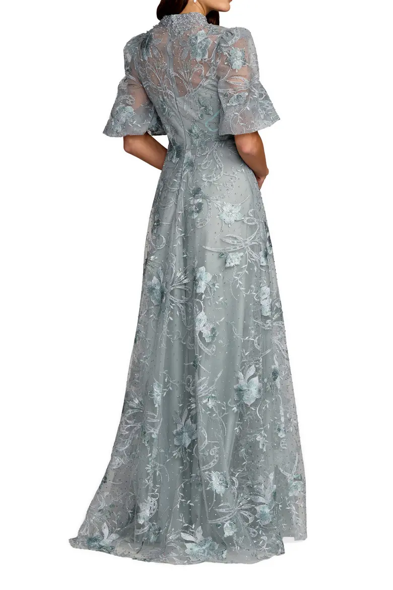 Elegant Embroidered Tulle Queen Anne High-Neck Gown
