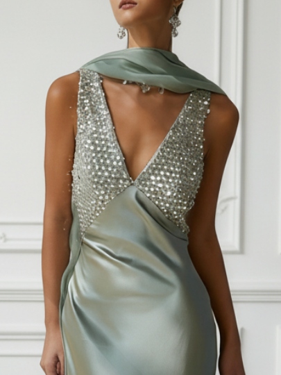 Green Rhinestone Satin V Neck Sleeveless Sheath Gown Dress