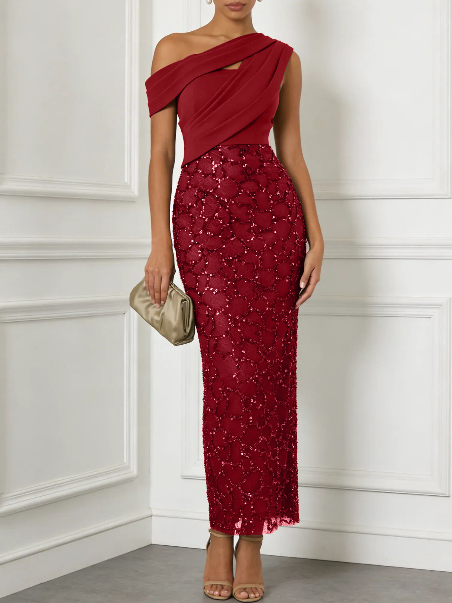 Army Green Glitter Sequin Asymmetrical Sleeveless Sheath Maxi Dress