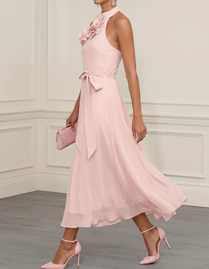 Blush Pink 3D Floral Halter Neck Chiffon Midi Dress