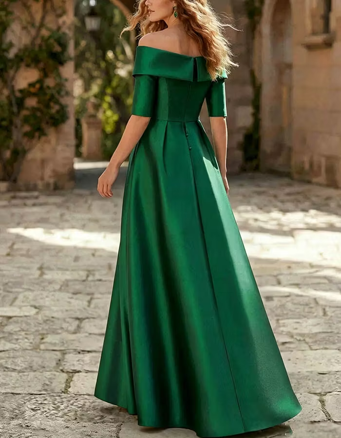 Emerald Green Satin Off-the-Shoulder Maxi Dress