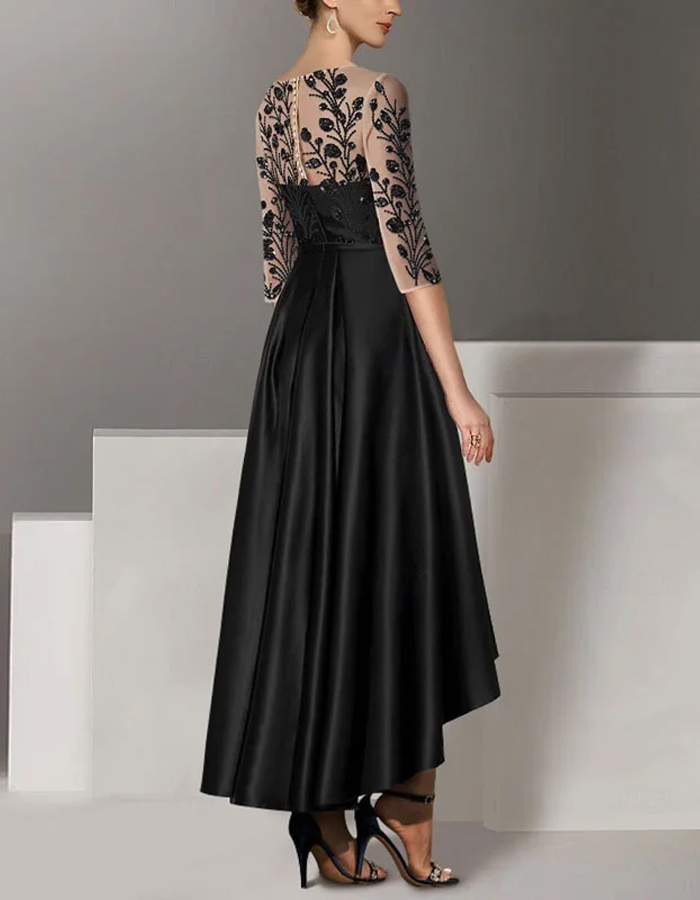 Round Neck Lace Solid Color Midi Dress