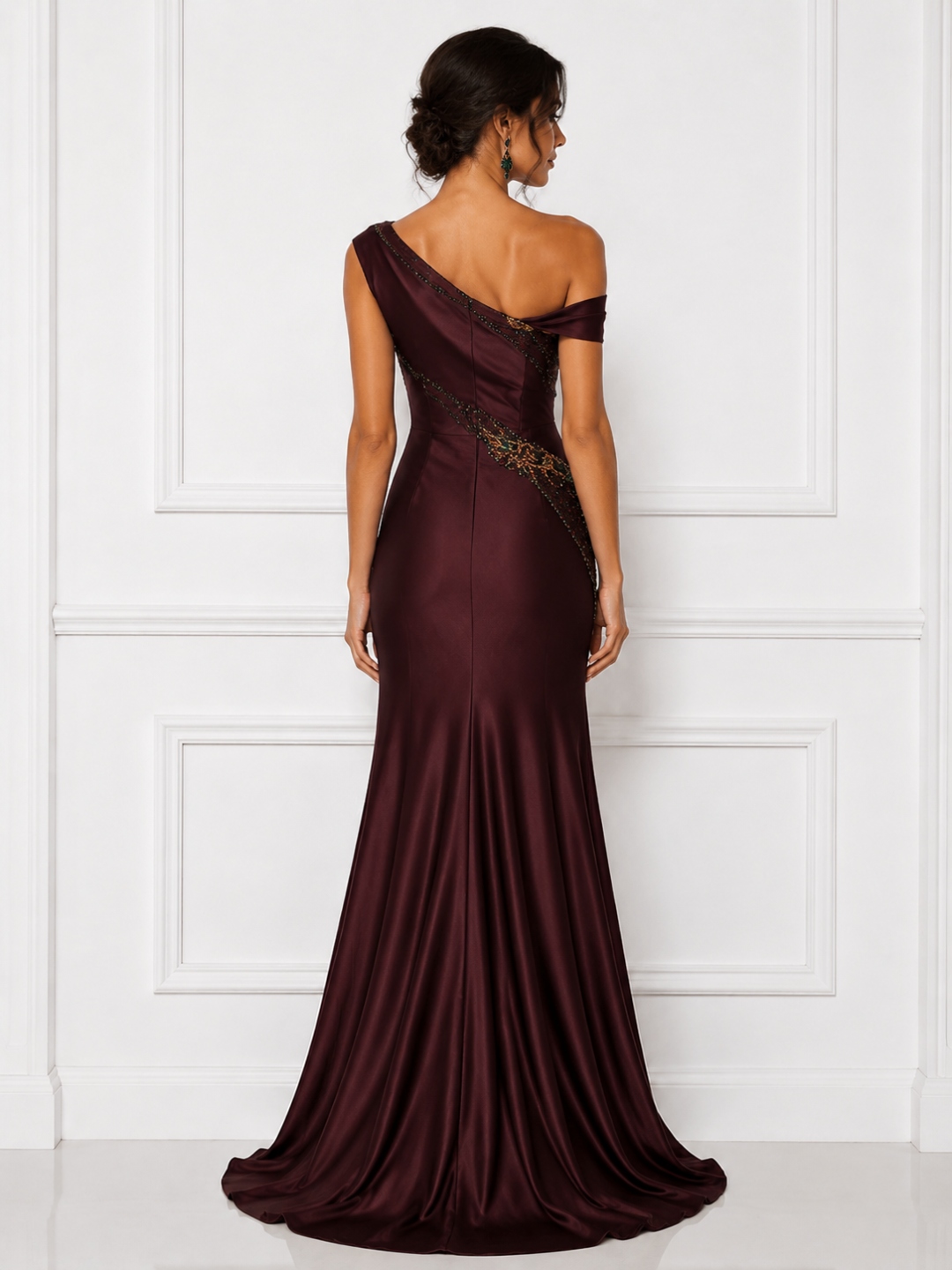 Burgundy Satin One Shoulder Beaded Mermaid Evening Dress