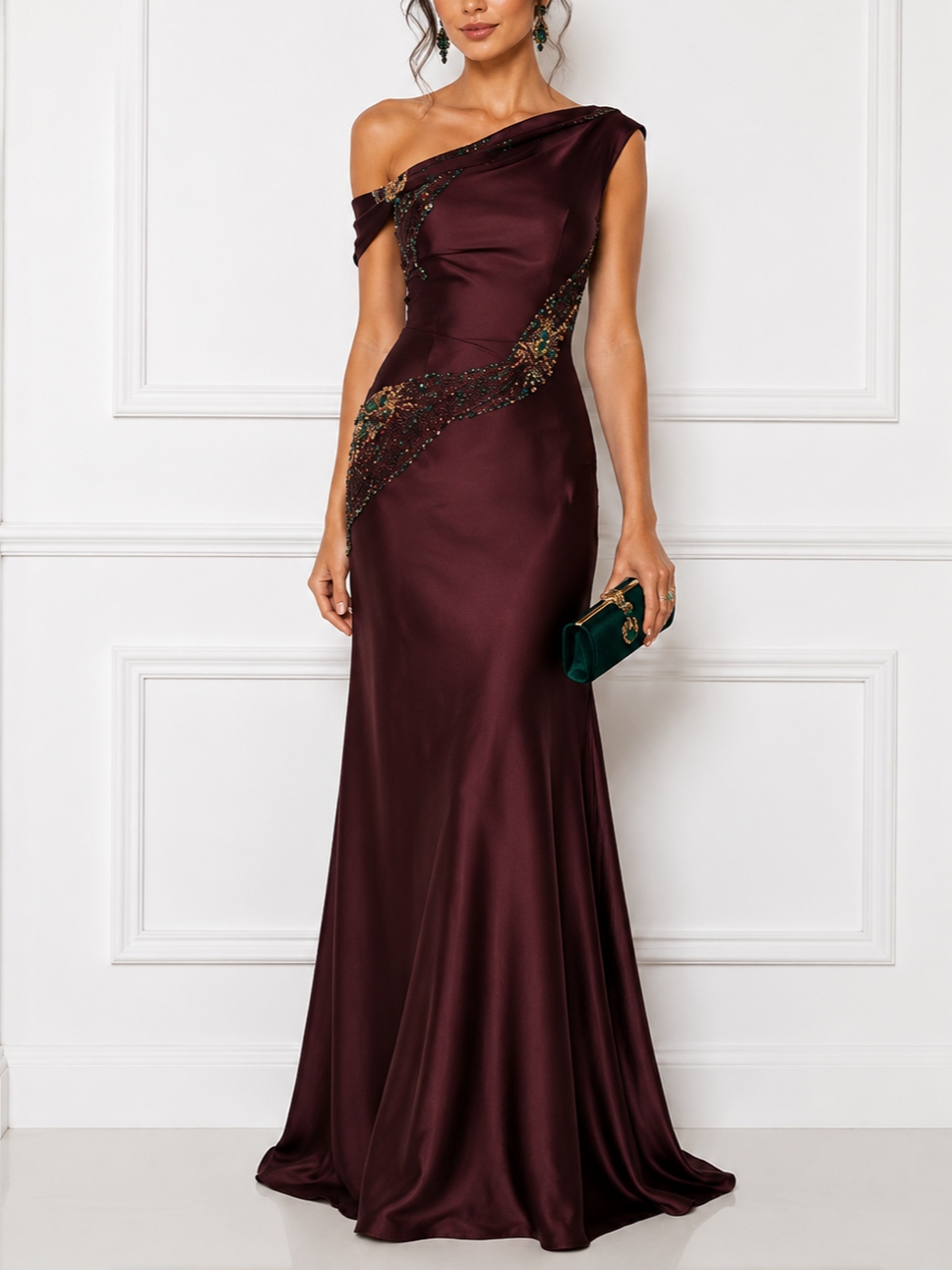 Burgundy Satin One Shoulder Beaded Mermaid Evening Dress