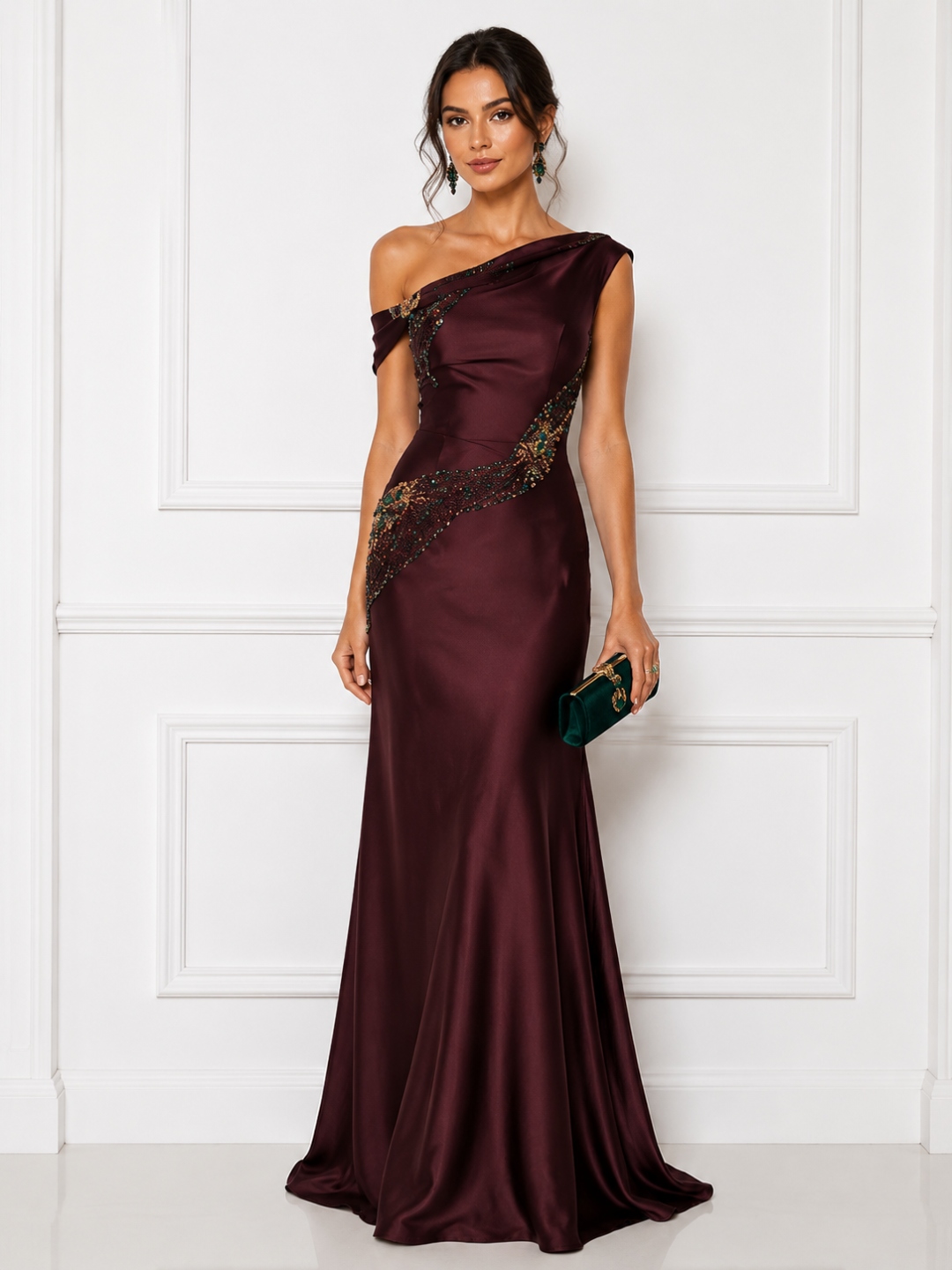 Burgundy Satin One Shoulder Beaded Mermaid Evening Dress