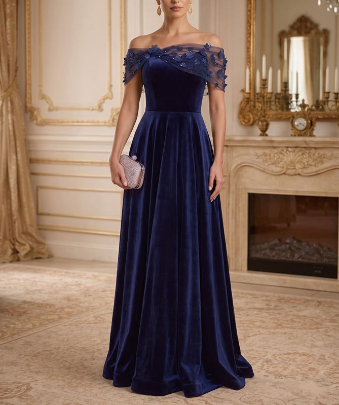 Navy Blue Velvet Off-the-Shoulder Evening Dress with 3D Floral Tulle Wrap