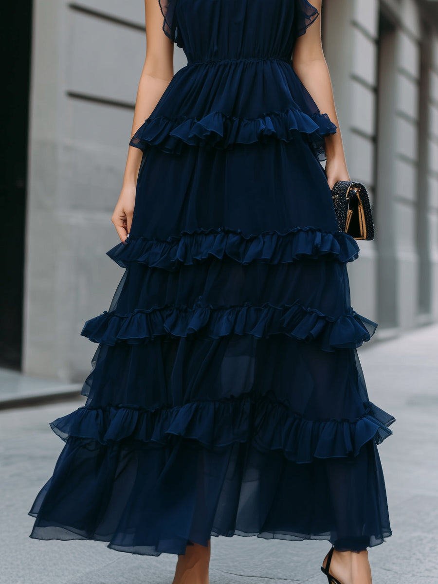 Navy High Neck Tiered Ruffle Maxi Dress
