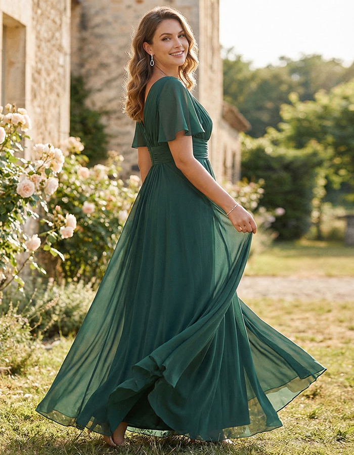 Dark Green Chiffon V-Neck Flutter Sleeves And Fitted Waist Maxi Dress