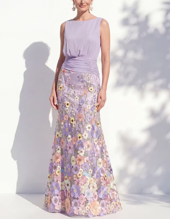 Green Sleeveless Multi Colored 3D Floral Pattern Maxi Dress