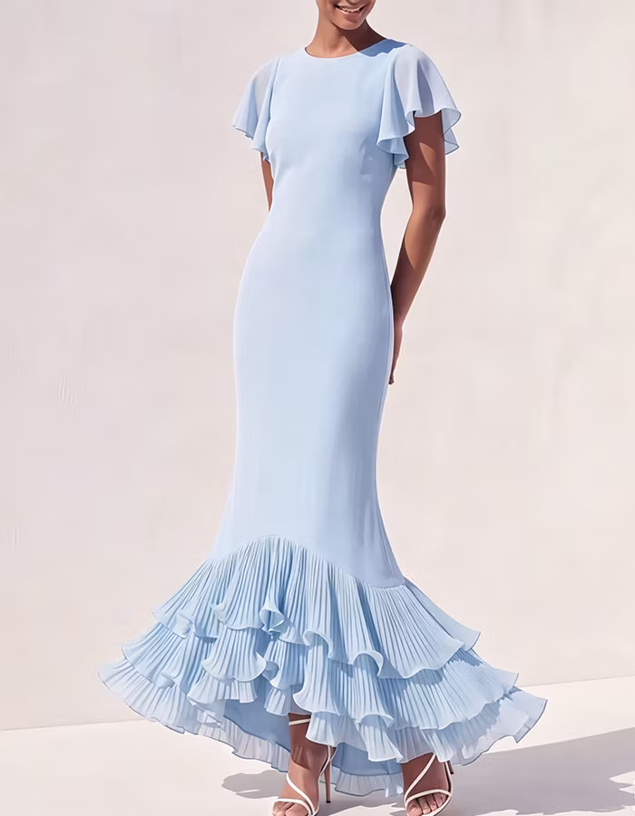 Light Blue Chiffon Round Neck with Ruffle Hem Maxi Dress