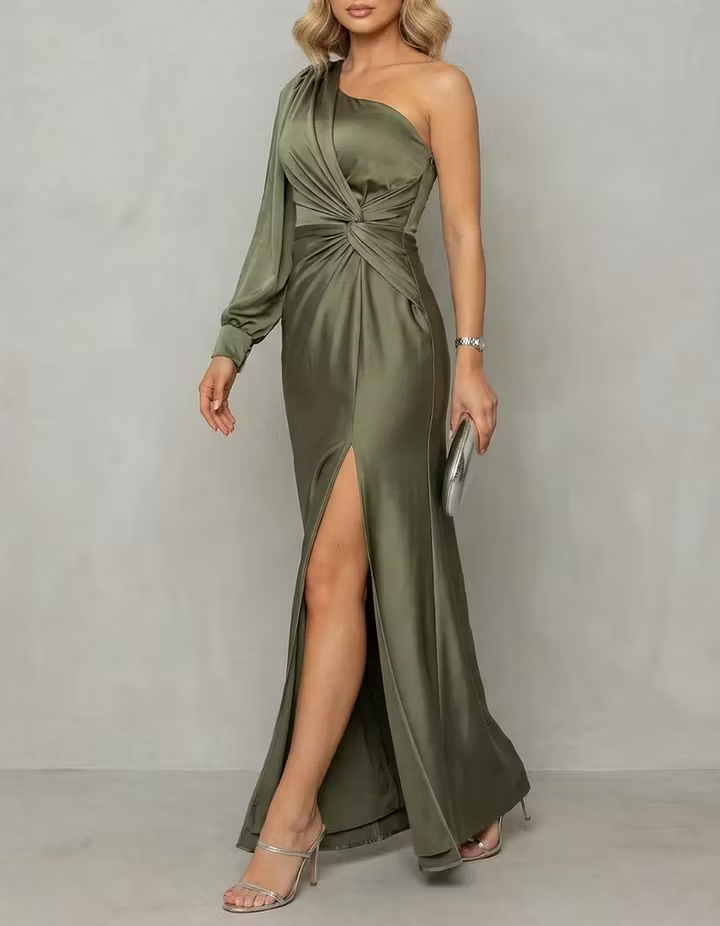 Satin One-Shoulder Hollow-Out Puff Sleeve Slit Maxi Dress