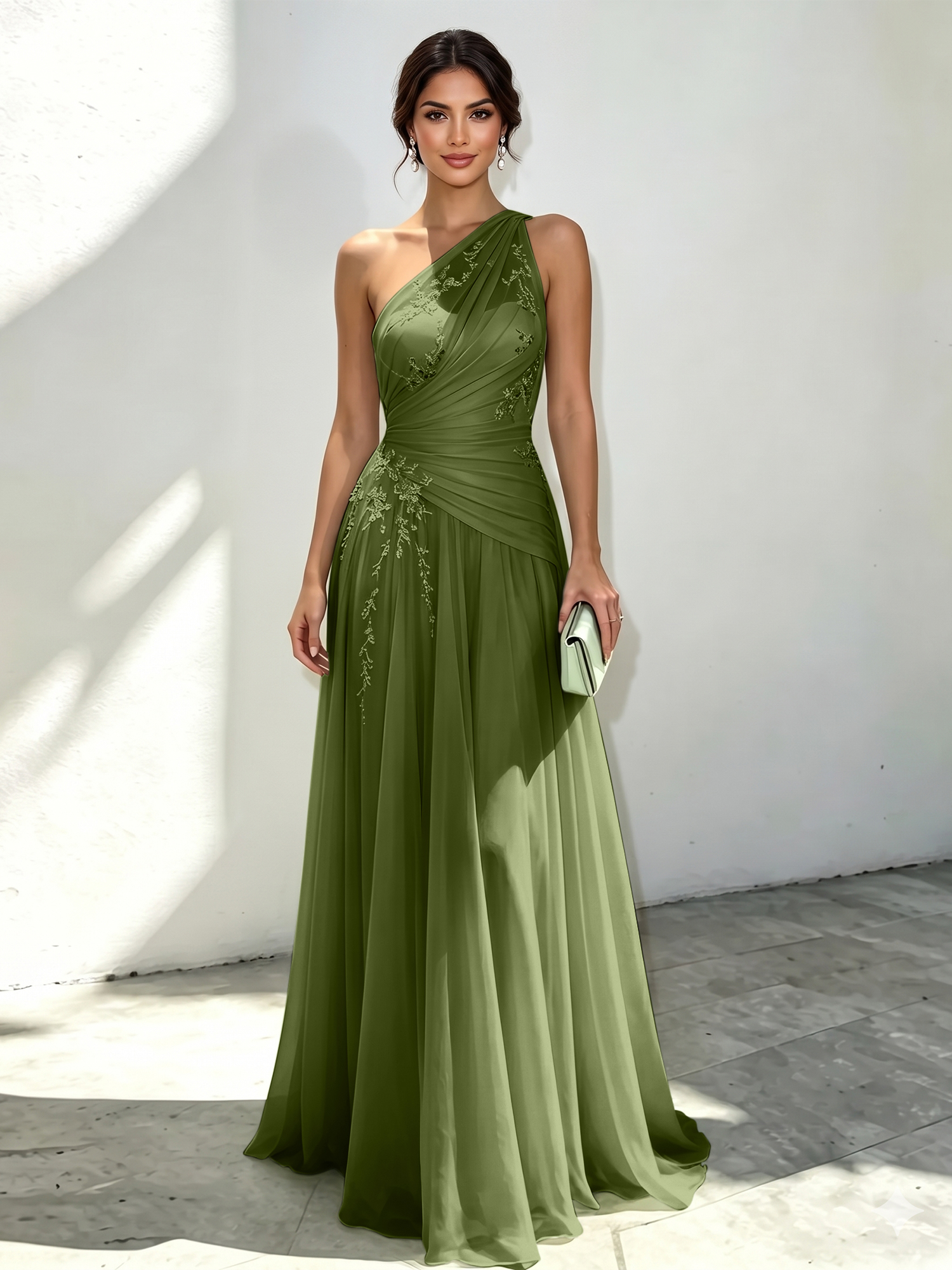 Mint Green Applique 3D Floral Chiffon One Shoulder Sleeveless A-Line Floor Length Dress