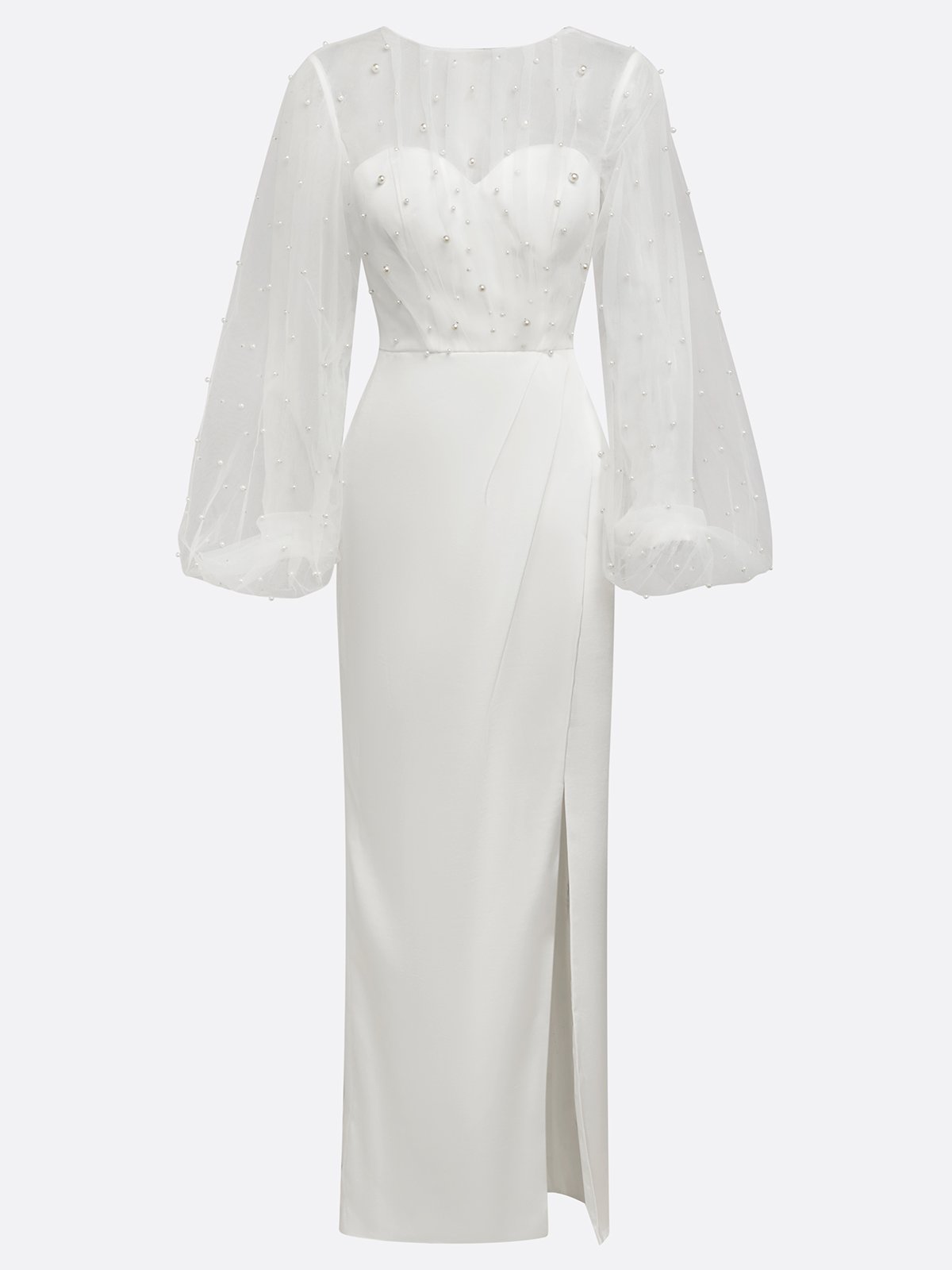 White Faux Pearl Side-Slit Classic Crew Neck Long Sleeve Puff Sleeve Sheath Bridal Gown Dress