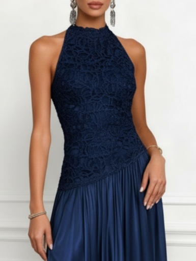 Navy Blue Lace Satin Crew Neck Sleeveless A-Line Maxi Dress