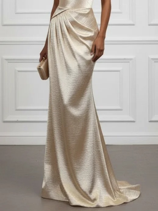 Champagne Ruched Satin Spaghetti Sleeveless Mermaid Gown Dress