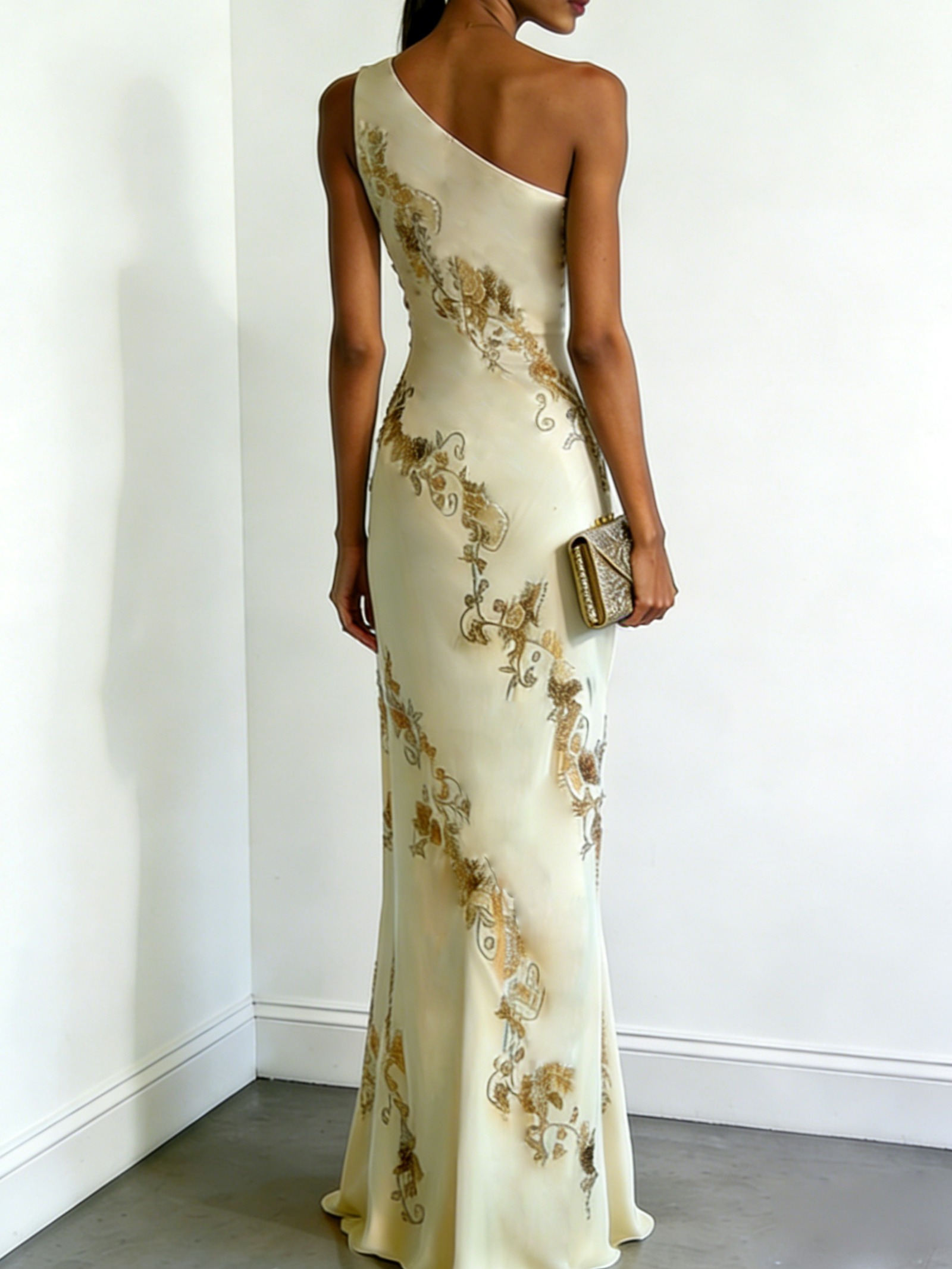 Beige Applique Satin One Shoulder Sleeveless Sheath Maxi Dress