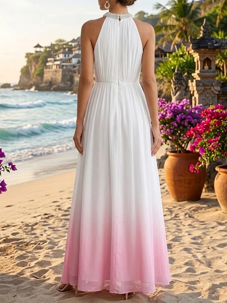 Pink Ombre Halter Maxi Dress Pleated Wedding Guest Gown for Beach & Summer Parties
