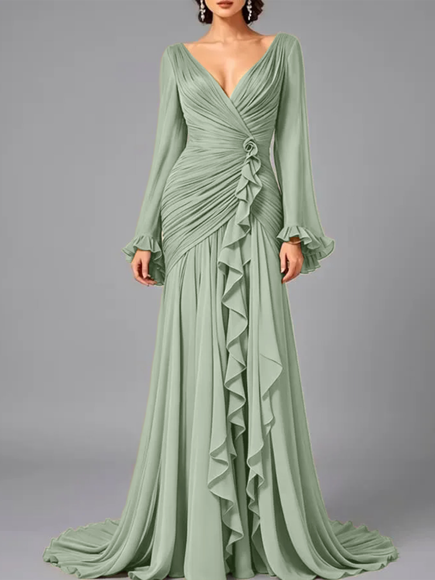 V-Neck Sheer Long Sleeve Ruffled Chiffon Dress