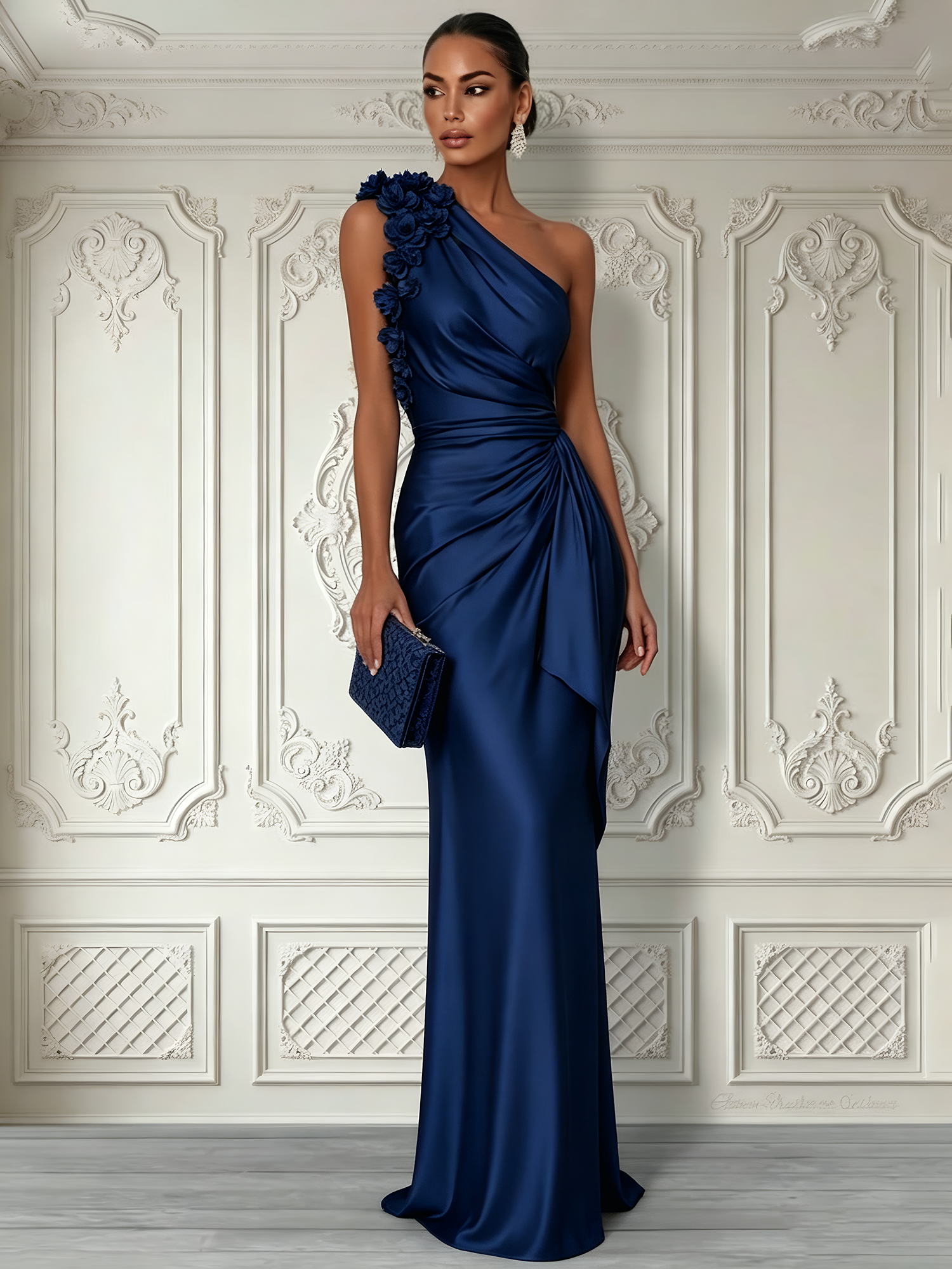 Purplish Blue 3D Floral Ruched Satin One Shoulder Sleeveless Sheath Floor-length Gown Dress