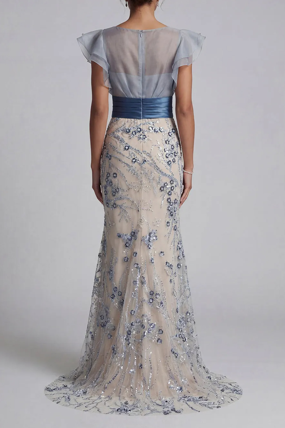Champagne Sheer Ruffled Sleeve Blue Beaded Mermaid Dress