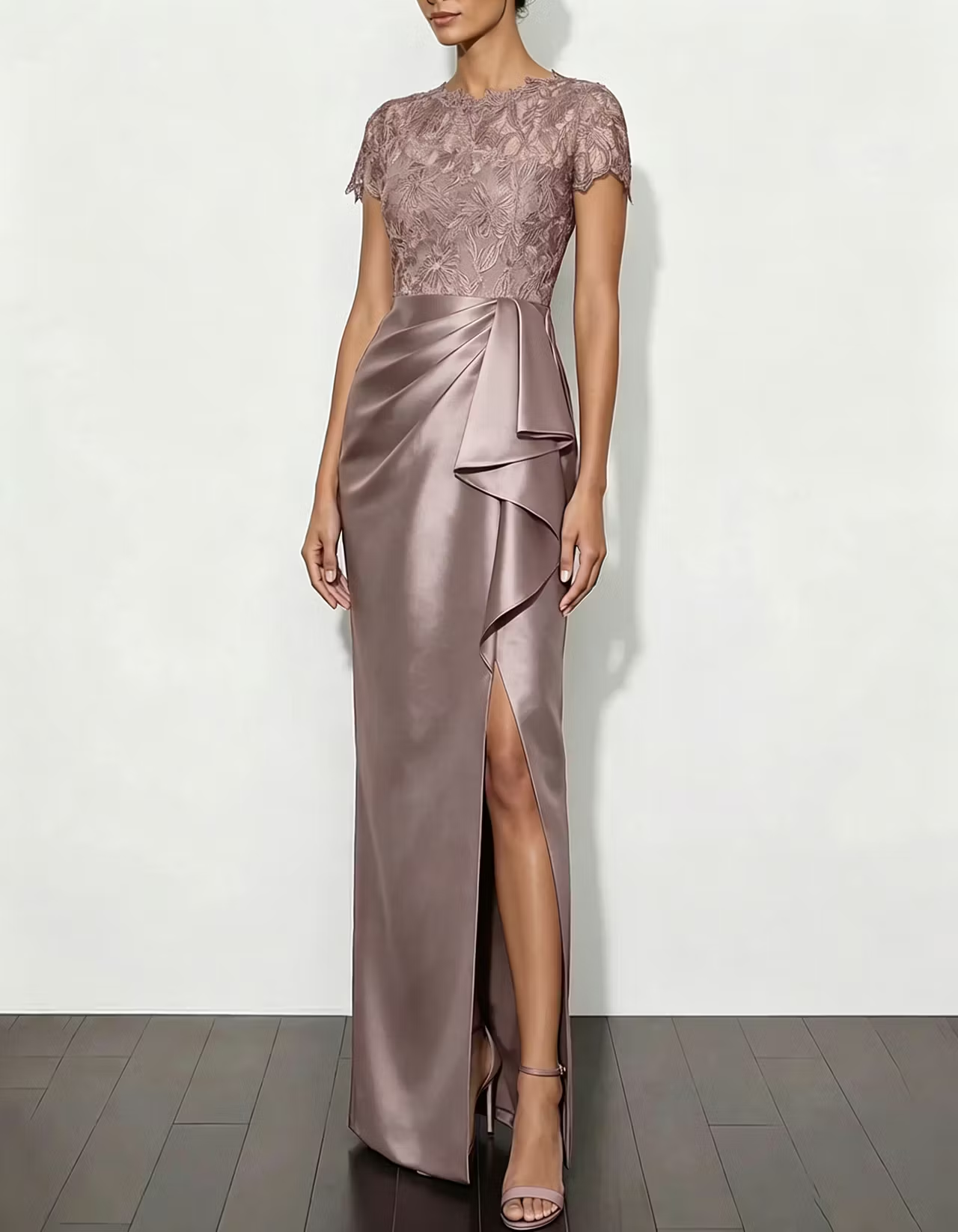 Lace Satin Round Neck Fishtail Slit Maxi Dress