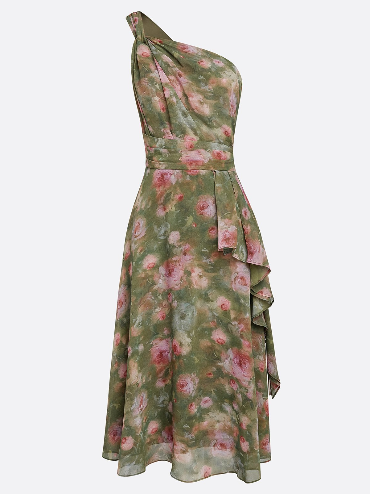 Green Floral One Shoulder Tie Waist Flared Midi Dress