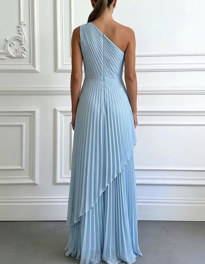 Sky Blue One-Shoulder Pleated Asymmetric Dress
