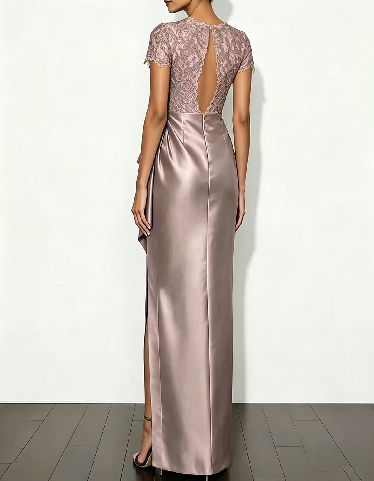 Lace Satin Round Neck Fishtail Slit Maxi Dress