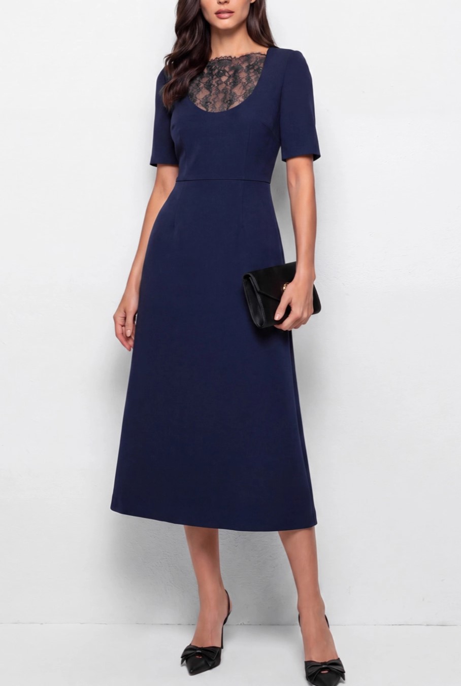 Navy A-Line with Lace Midi Dress