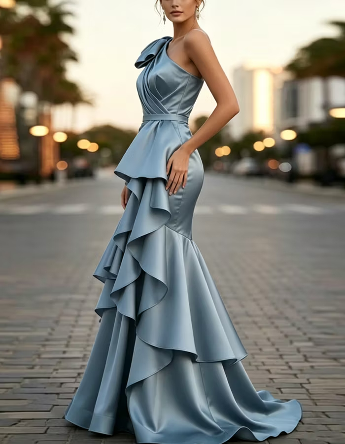 Multi-colored Satin One-shoulder Maxi Dress