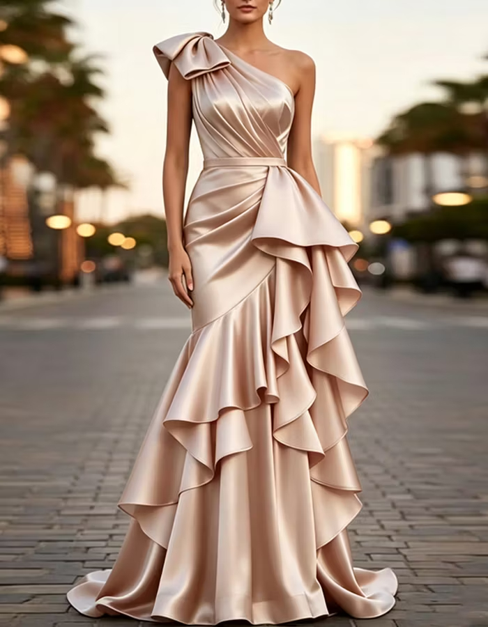 Multi-colored Satin One-shoulder Maxi Dress
