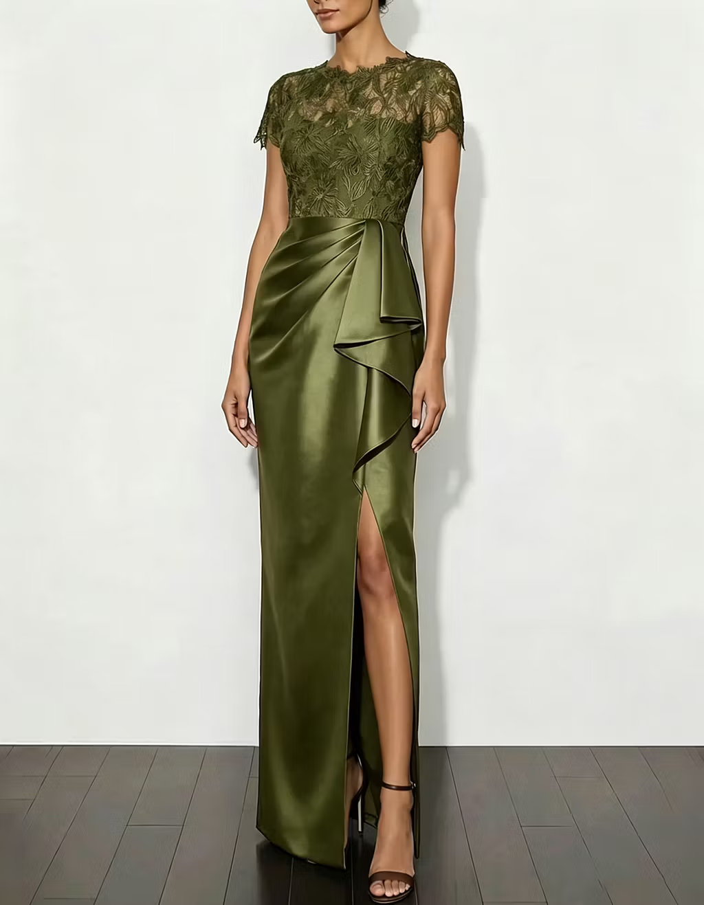 Lace Satin Round Neck Fishtail Slit Maxi Dress