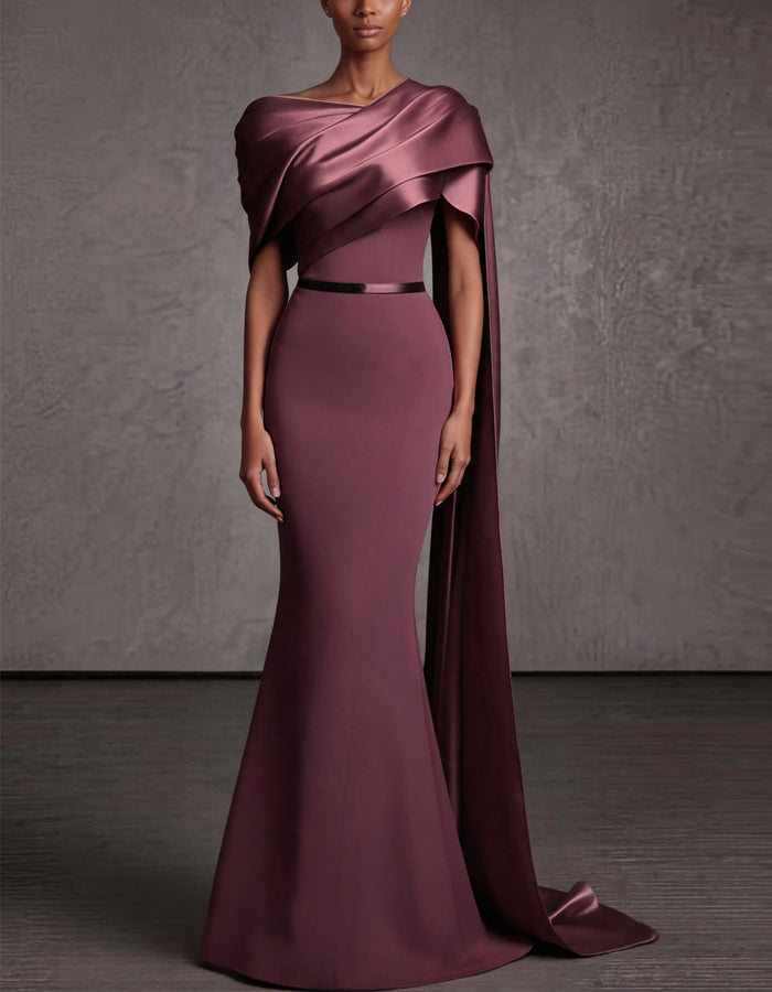 Reddish Brown Satin Asymmetrical Shawl Sleeves Maxi Dress
