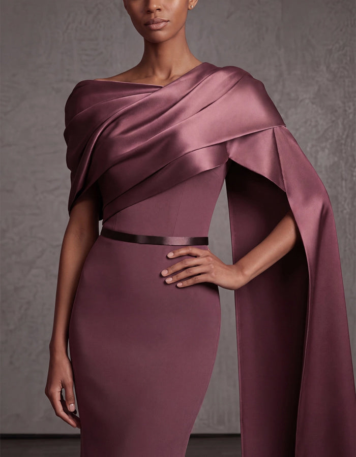 Reddish Brown Satin Asymmetrical Shawl Sleeves Maxi Dress